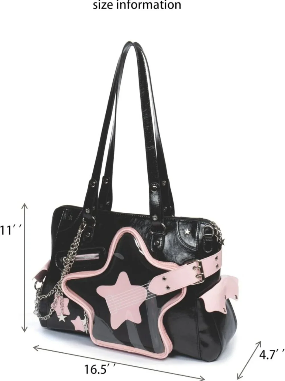 Y2K Crossbody Purse - Large Black & Pink Star Guitar Pin Shoulder Bag, Cute